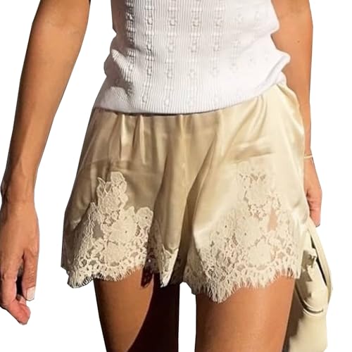 Women Pettipants Slip Shorts Lace Trim Satin Silk Bloomers Bottoms Elastic Waist Lace Slip Shorts
