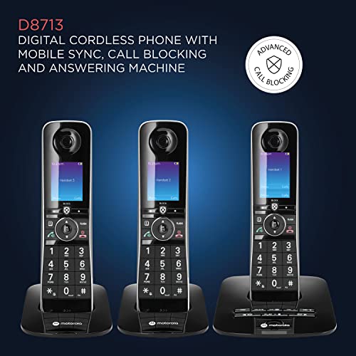 Image of Motorola Voice D8713 Cordless Phone System w /3 Digital Handsets + Bluetooth to Cell, Answering Machine, Call Block - Black