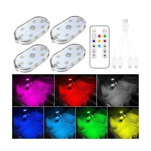 Lot de 4 lumières LED pour intérieur de voiture avec télécommande, 7 couleurs d'éclairage d'ambiance pour intérieur de voiture, rechargeable par USB, lumières LED portables pour voiture