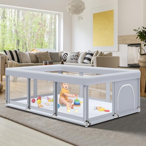 74″ ×50″ Large Baby Playpen, Baby Playard for Babies and Toddlers, Baby Fence Play Pens for Indoor & Outdoor, Sturdy Safety Play Yard with Soft Breathable Mesh, Anti-Fall, Grey