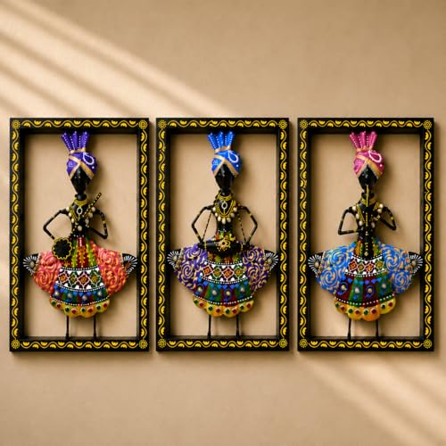 Image of iHandikart Tribal Musician Metal Wall Art Set of 3 | Rajasthani Folk Musician Wall Sculpture | Decorative Iron Wall Hanging for Living Room, Bedroom, Hallway & Office | 11.5 x 8 Inch Each