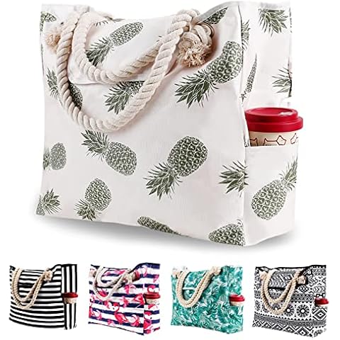 Extra Large Beach Bag Women, Waterproof Sandproof Oversized Canvas Tote with Pockets for Gym Yoga Pool Swim, Family Travel Essentials Accessories, Vacation Stuff Supplies, Hawaiian Pineapple Cover