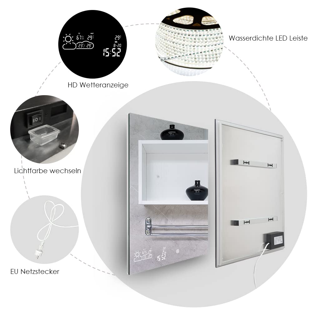 byecold Badspiegel mit LED Beleuchtung 100x60CM, Badezimmerspiegel Antibeschlag, Bad Spiegel Wandspiegel Lichtspiegel Touchschalter, Smart Mirror, WiFi Wetterstation Datum Vertikal
