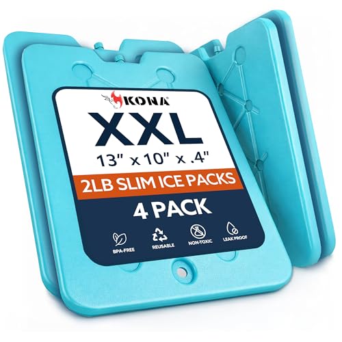 Kona XXL Ice Packs for Coolers – 2 lb Reusable Slim Freezer Pack, Long-Lasting Dry Ice Alternative for Cooler Bags, 13x10 Inch, Fast Freeze (-5°C), 4 Pack