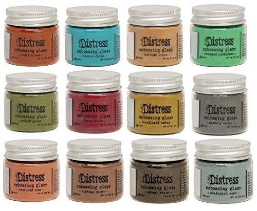 Tim Holtz Ranger Embossing Glazes Bundle of 12 Colors in 1 oz Jars, 2 Distress Embossing Pens, 1 Ounce Distress Embossing Dabber, Bundle of 14 Items