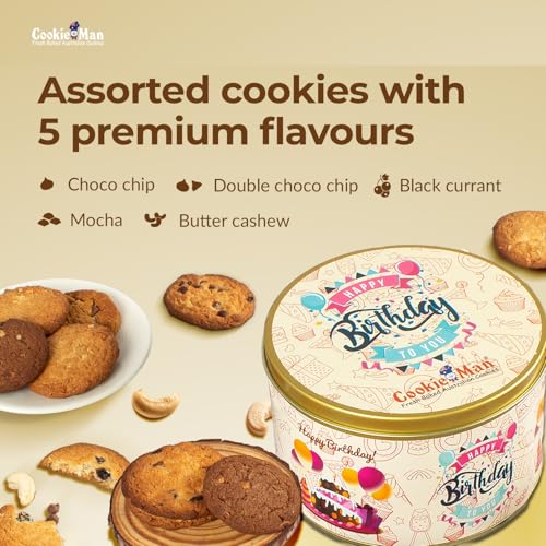 Image of CookieMan Happy Birthday Cookies Gift Pack - 300g | Assorted Biscuit in 5 Flavors: Choco Chip, Double Choco Chip, Butter Cashew, Black Currant & Mocha | Perfect For Special Occasion Gifting