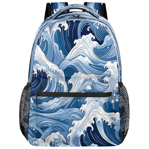 Japanese Ocean Wave Kids Backpack, Lightweight School Bookbag Large Capacity Laptop Backpack Water Resistant Daypack Shoulder Bag for Teenager Boys Girls