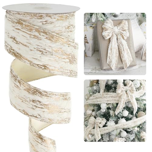 HUIHUANG Ivory Christmas Wired Ribbon Faux Fur Birch Wired Ribbon Ivory and Gold Metallic Ribbon for Christmas Tree, Bows, Wreaths, Garland, Swags, Gift Wrapping, Home Decor- 2.5 inch X 10 Yards