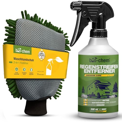 bio-chem Regenstreifen-Entferner für Wohnmobil, Caravan, Boot - 500 ml + Mikrofaser Waschhandschuh - Tiefenwirksames Haftgel - entfernt mühelos hartnäckige Verschmutzungen - Made in DE