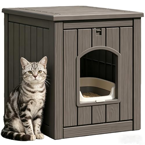 Image of Cat Litter Box Enclosure, Multi-Functional Enclosed Cat Litter Box Furniture, Outdoor Cat House Weatherproof, Openable Front Door & Raised Floor, Easy to Clean & Assemble, Grey