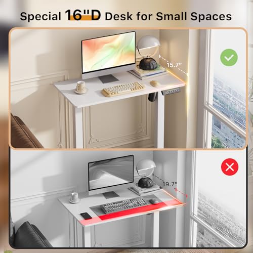 Image of JOY worker Small Electric Standing Desk, 31.5 inch x 15.75 inch Whole Piece Height Adjustable Desk with Memory Controller, White Sit to Stand Workstation for Home Office