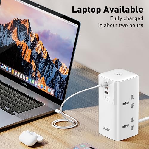 Image of Acer PowerHub Tower | AC Socket + 4 USB Ports (2 Type-C PD + 2 Type-A) | 70W Fast Charging, 2500W Output | Desktop Power Adapter | Surge Protection | Travel Ready | Overload Protection