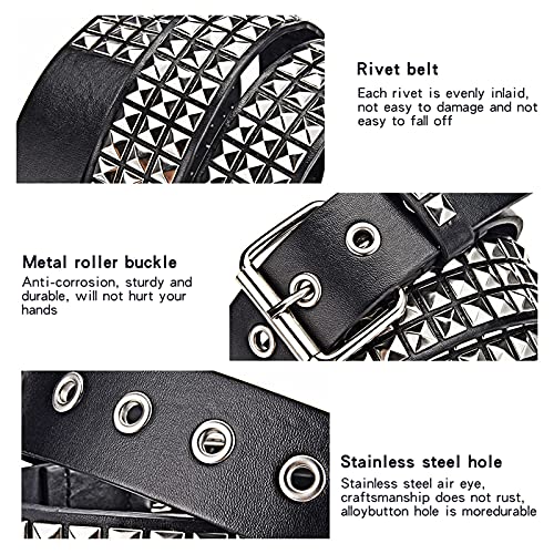 Namchebarwa Studded Belt, 3 Row Metal Pyramid Square Beads Punk Leather Belt, Women Men Studded Jeans Belt. (Black) #TOP3
