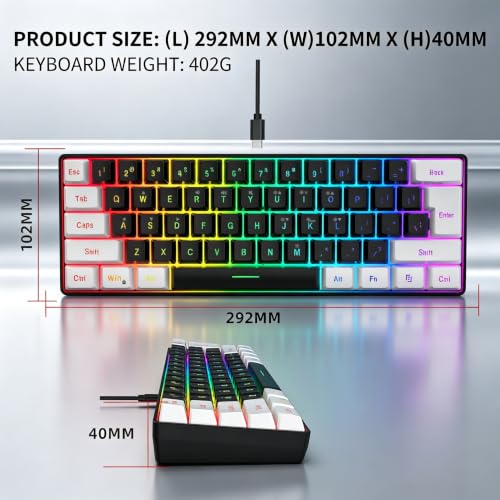 Image of Snpurdiri 60% Wired Gaming Keyboard, Small RGB Backlit Membrane Gaming Keyboard, Ultra-Compact Mini Waterproof Keyboard for PC Computer Gamer White and Black