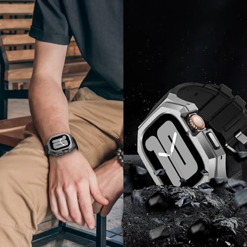 Image of Luxury Metal Case with Band Compatible for Apple Watch 44mm 45mm 46mm 49mm,Men Rugged Protective Bumper Cover with Soft Silicone Strap for iWatch Series 11 /10 /9 /8 /7 /6 /SE3 /SE2 /SE /5 /4 and Ultra 3 /2 /1 49mm