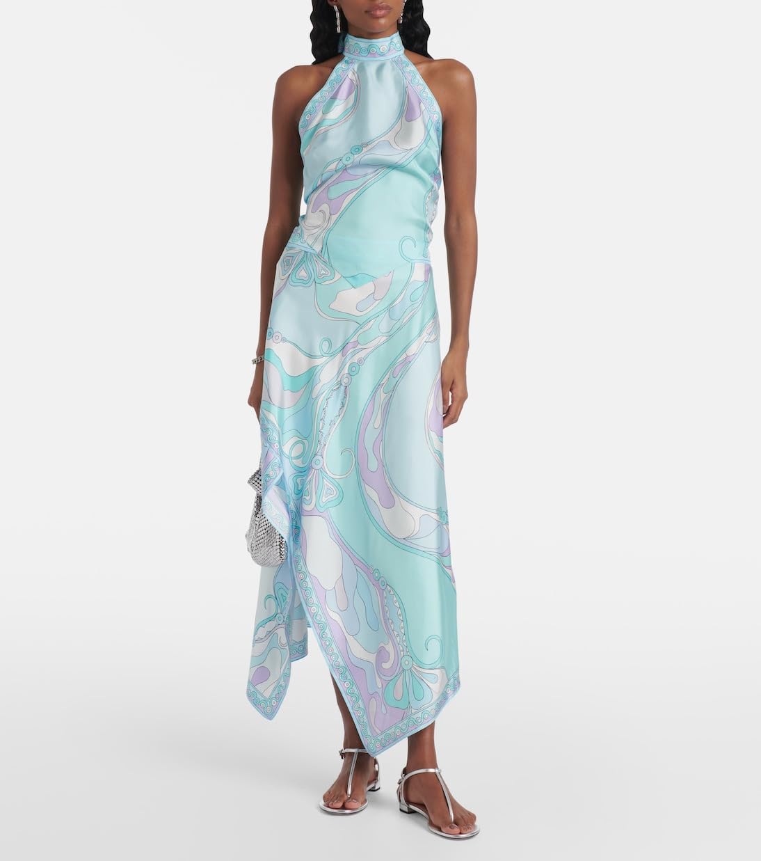 Sexy Two Piece Skirt Set for Women Printed Satin Halter Tops and Irregular Maxi Skirts Vacation Outfits