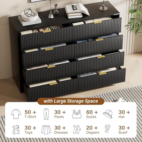 Image of 3 Piece Modern Bedroom Set, 8 Drawer Dresser with 2 Nightstands, Black