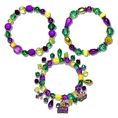 3PCS Mardi Gras Bracelets for Women Glitter Fleur De Lis Mask Jester Hat Charm Bracelets Beaded Stretch Bracelet Set for Carnival Parade Outfits Mardi Gras Accessory