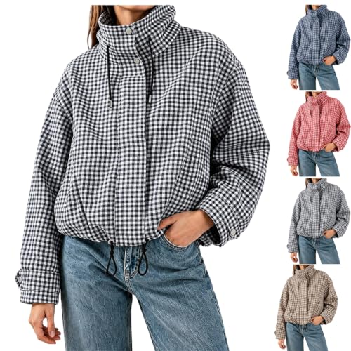 Corduroy Jacket Women Gingham Stand Collar Zip Up Fall Jackets With Pockets - image 1