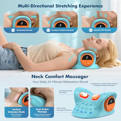 Image of Smedz Neck Massager 2026, 4-in-1 Neck & Shoulder Massager with Multi-Directional Stretch, Heating & Vibration, 360 Remote Control-Ergonomic for Home, Office, Car Travel‌（Sky Blue‌）