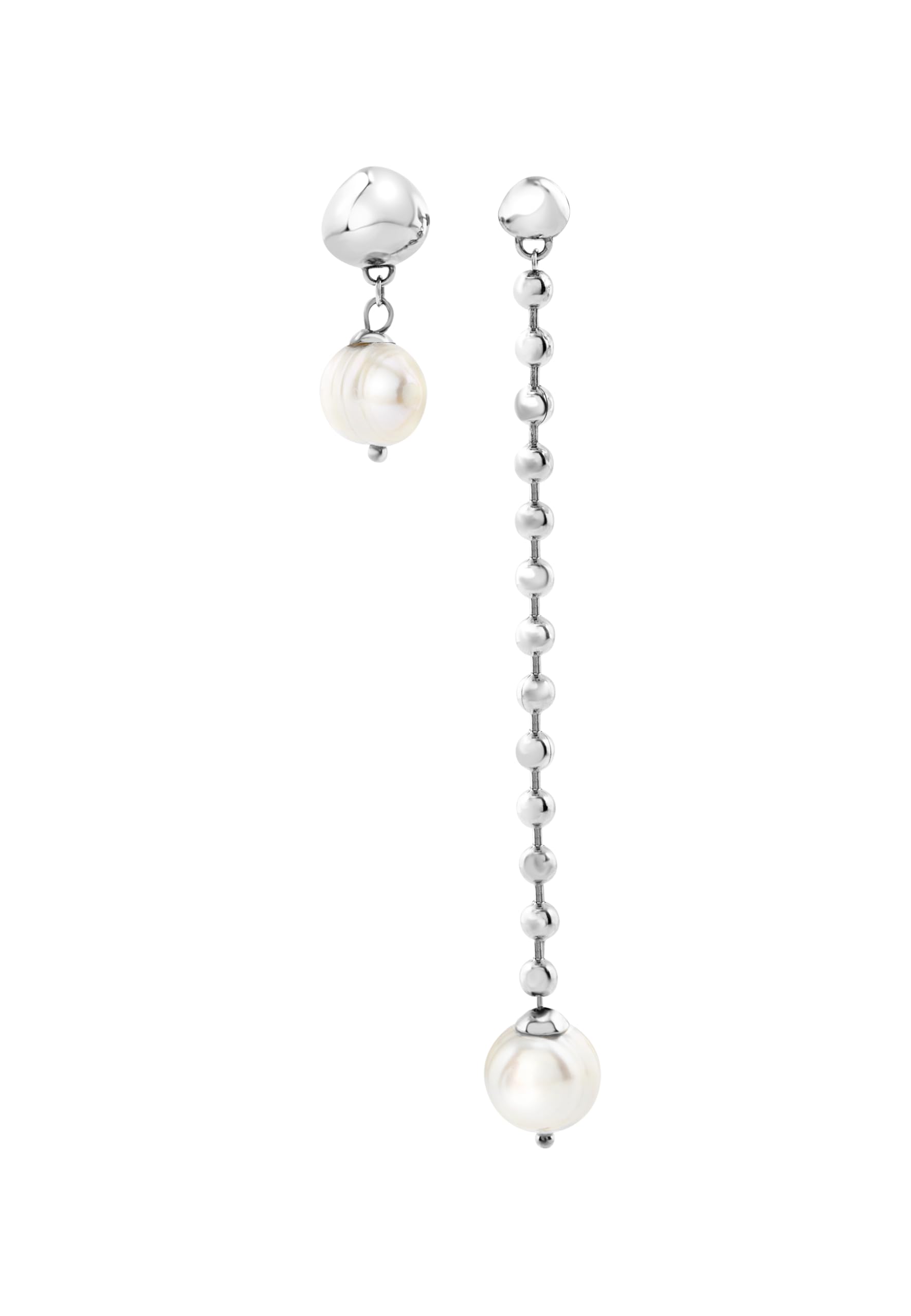 Breil, Collezione B Rocks, Orecchini Donna Asimmetrici in Acciaio con Perle Naturali di Acqua Dolce e Boule in Acciaio Lucido, Chiusura a Farfalla, Idea Regalo Donna