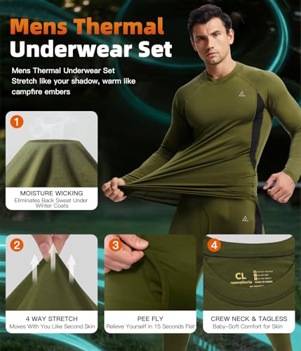 Image of Mens Thermal Underwear Long Johns Set Cold Weather Hunting Base Layer | Fleece lined top & bottom. Moisture wicking, 4-way stretch. Ultimate warm winter gear for skiing, work & outdoor sports