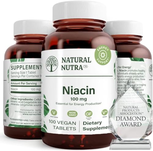 Natural Nutra Niacin as Nicotinic Acid (Vitamin B3) Supplement for Energy, Cholesterol and Cardiovascular Health, Non-GMO, Vegan, Gluten Free, 100 mg, 100 Tablets