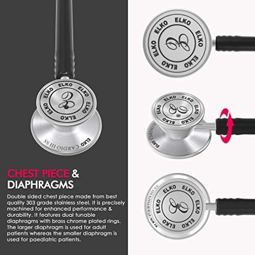 Image of ELKO EL-060 CARDIO III SS Stainless Steel Acoustic Stethoscope | Two-Way PVC Tubing | Double Sided Chestpiece For Adult & Pediatric Patient | Doctors & Medical Students (Black)