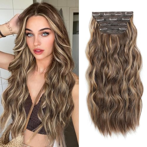 Fine Plus Extension per capelli con clip, 4 pezzi, castano chiaro misto biondo miele, 50 cm, extension per capelli lunghi ondulati con clip, extension per capelli in fibra sintetica, da donna