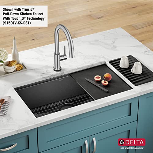 Delta-Rivet-32-Inch-Black-Stainless-Steel-Undermount-16-Gauge-Workstation-Kitchen-Sink-Single-Bowl-in-PVD-Gunmetal-Finish-with-WorkFlow-Ledge-and-Accessories-95B9031-32S-GS Delta Rivet 32 Inch Black Stainless Steel Undermount 16 Gauge Workstation Kitchen Sink Single Bowl in PVD Gunmetal Finish with WorkFlow Ledge and Accessories 95B9031 32S GS