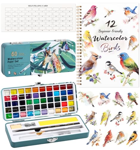 Watercolor Workbook Birds Water Coloring Book 12 Different Patterns of Original DIY Designs 50 Colors Watercolor Paint Set with Palette and Brush Beginner-Friendly Watercolor Workbooks (Birds)