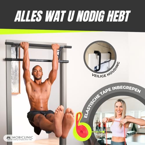 Mobiclinic® fitness, Opknoping pull-up bar, Gereedschaploos, K5, Max. 200 kg, Met elastische, Anti-slip schuim handgrepen, Staal, Verstelbaar 70-92 cm, Thuis oefening, Gemakkelijk opbergen - Afbeelding 4