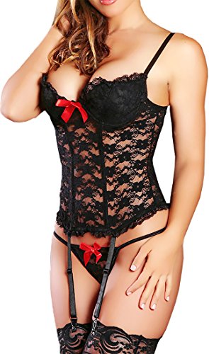 YINGKE Damen Hot Vintage Babydoll Push-Up Erotik Lingerie V-Ausschnitt Spitze Unterwäsche mit G-String Straps Set (M, Schwarz) Cover