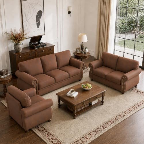 Image of Couchus 88 inch W Living Room Furniture Sets, 3-Seater&Loveseat&Single, Rust