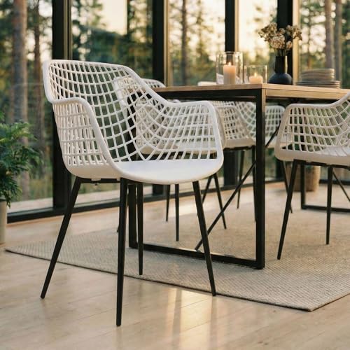 IDIMEX Lot de 4 chaises Lucia pour Salle à Manger ou Cuisine au Design Retro avec accoudoirs, Coque en Plastique Blanc et 4 Pieds en métal laqué Noir