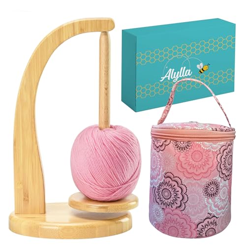 Image of Alylla Wooden Yarn Holder and Spinner, Crochet Organizer for Balls, Skeins and Spindles, Craft Caddy with Storage Bag for Accessories