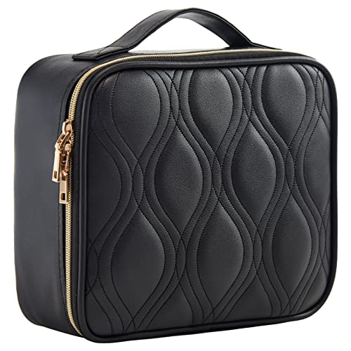 Travel Makeup Bag,Make up Bag for Women,Vegan Leather Large Cosmetic Bags Travel Toiletry Bag for Girls Make Up Bag Brush Organizer Bags, Quilted Black