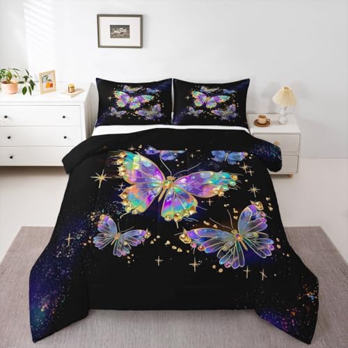 Image of Erosebridal Flying Butterflies King Size Comforter Set for Kids Teens Adults,Starry Sky Galaxy Bedding Sets,Colorful Rainbow Butterflies Duvet Insert,Wildlife Quilt Bedroom Decor