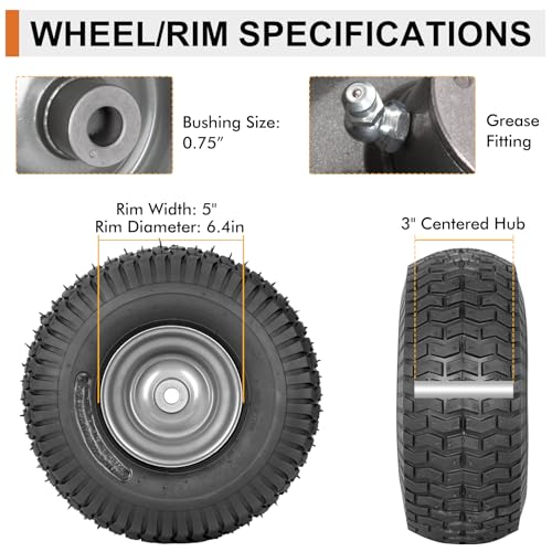 Image of 2 Pack 15x6.00-6 Lawn Mower Tire and Wheel Assembly, 3 inch centered Hub, 3 /4 inch Bushing, 15x6-6 Front Tires Compatible with Craftsman Riding Mowers Lawn Tractors