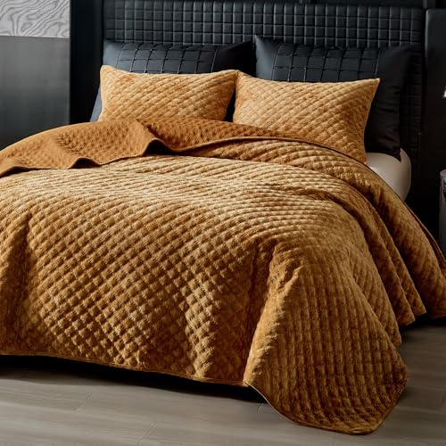 WARMDERN Velvet Quilt Queen Size, Luxury Geometric Stitch Quilt Set, Lightweight Diamond Patterned Bedspread and Coverlet, Soft Comforter for All Seasons, Burnt Orange, 90" x 96"