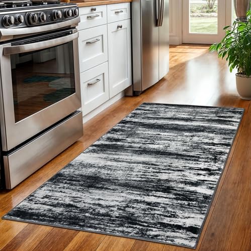 KOZYFLY 3x5 Area Rug Modern Ombre Rug for Bedroom, Washable Rug Non-Slip Soft Striped Living Room Area Rug, Black Navy Blue Grey Abstract Carpet for Laundry Nursery