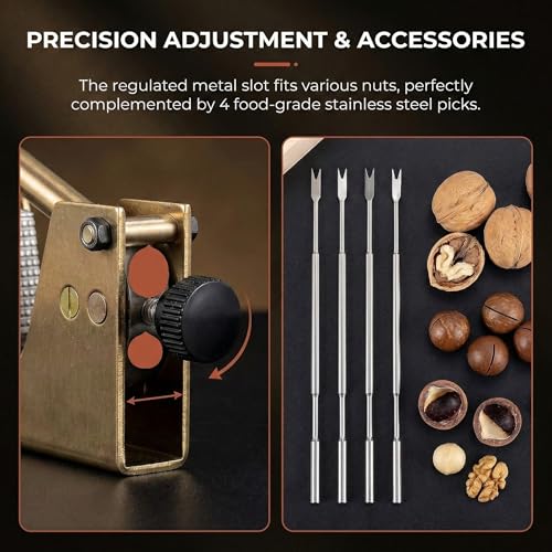 Image of Nut Cracker Tool, Walnut Cracker & Pecan Cracker with Adjustable U-Groove - All-in-One Nut Crackers for All Nuts with Wooden Storage Base & 4 Steel Picks for Pecans, Walnuts, Macadamia & More