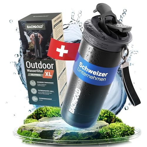 Bachgold® Profi Outdoor Wasserfilter Flasche mit 1500L Filterkapazität I Entfernt 99,99% aller Bakterien und filtert Mikroplastik, Partikel und Chlor I Blackout & Krisensicher (Schwarz, 800ml)