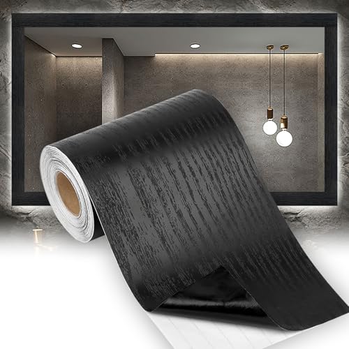 Okxiri Bathroom Mirror Frame Border, Peel &Stick Black Wood Grain Wallpaper Border (32.8 FT X 3.93 Inch)