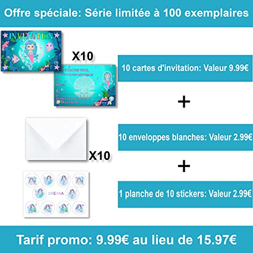 10 CARTES INVITATION ANNIVERSAIRE Ariel La Petite Sirène (avec Des