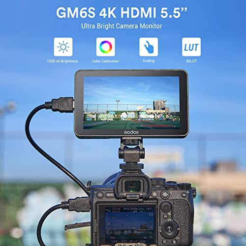 Image of GODOX GM6S 5.5 inch Camera Video Monitor, 4K HDMI IPS Touch Screen | 1920x1080, Ultra Bright Monitor, Input & Output 3D LUT , Type-C, Lithium Battery, DC Powered, On Camera Monitor with Sunshade
