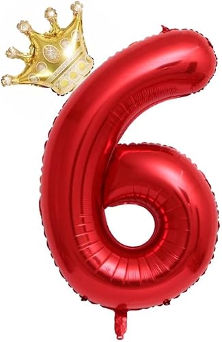 Juego de globos de corona roja número 6 de 40 pulgadas, globos de cumpleaños 6 para niñas, decoraciones de fiesta de cumpleaños 6 (Número 6)