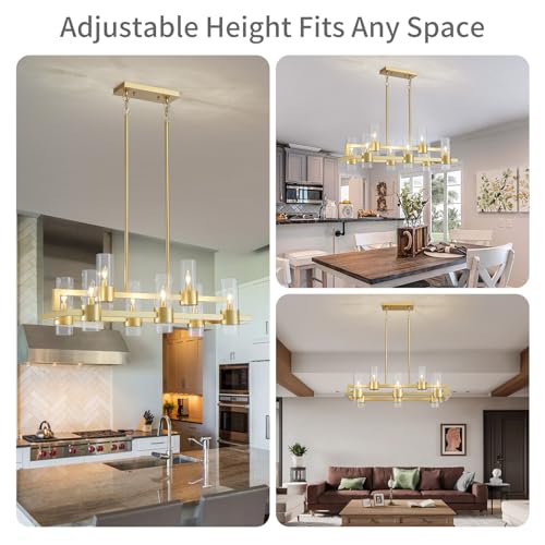 Image of WUZUPS Island Rectangle Chandelier 8-Light with Clear Glass Industrial Modern Farmhouse Linear Light Fixture for Dining Room Kithen Island, Width 33.5 inch Height 12.6 inch, Gold