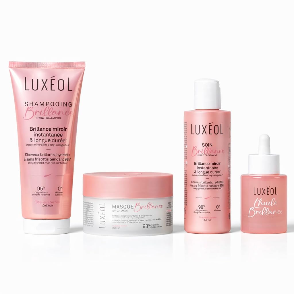 LUXÉOL - Coffret Routine Brillance Voyage - Cheveux Ternes & Poreux - Brillance Miroir & Effet Lissant - Shampooing (75ml) + Masque (50ml) + Soin (50ml) + Huile (15ml) - Fabriqués en France
