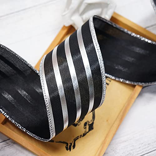 Ct Craft Llc Black Satin With Silver Stripe Wired Ribbon - 2.5" X 10 Yards For Christmas Home Decor, Gift Wrapping, Bow Making, Wreath, Diy Crafts #TOP5